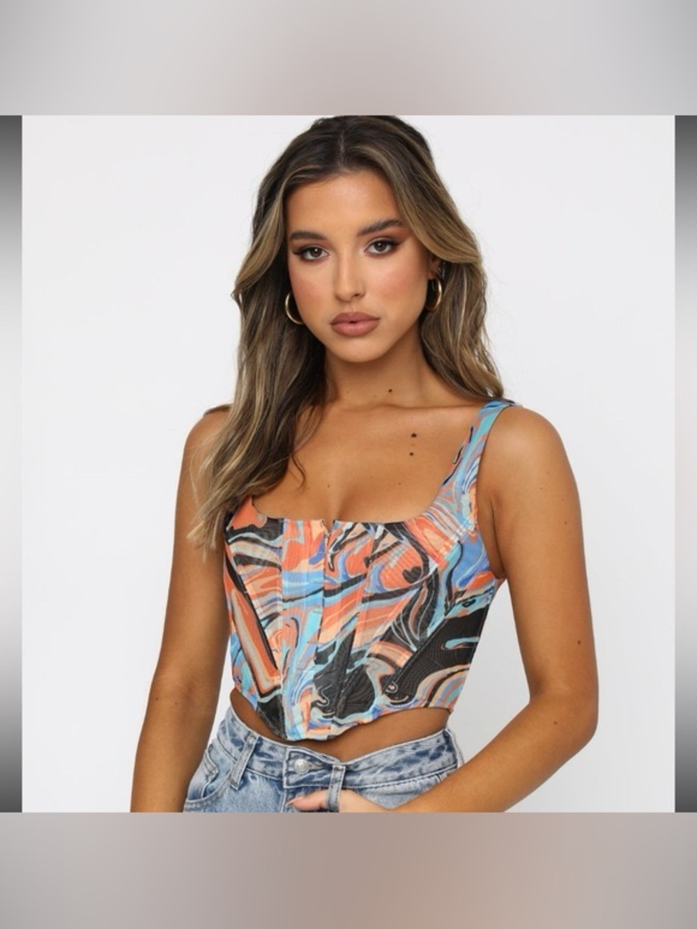 White Fox Marble-Print Cropped Tank Top in Blue & Orange size small night out